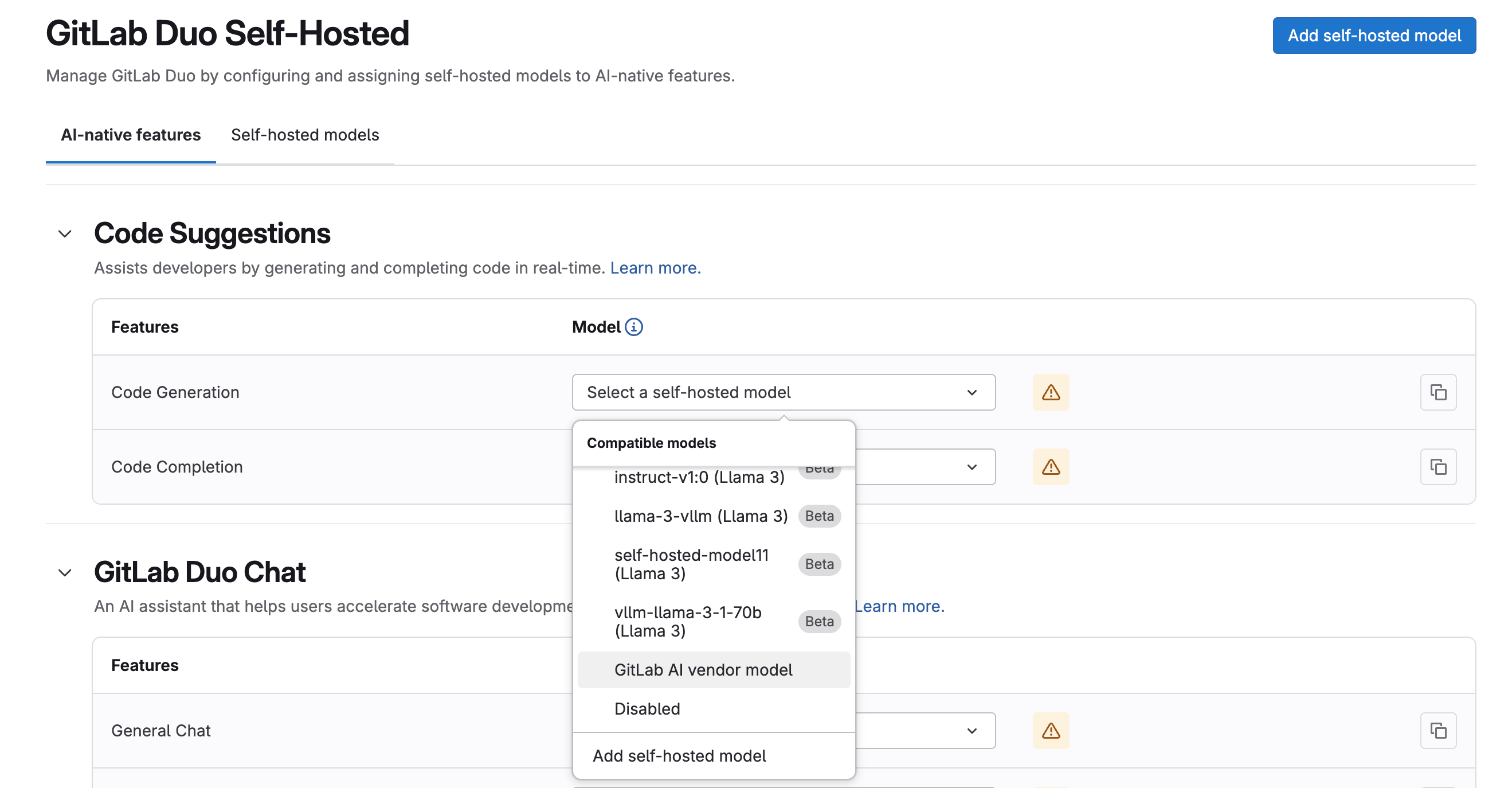 GitLab Duo Self-Hosted feature configuration using GitLab AI vendor model